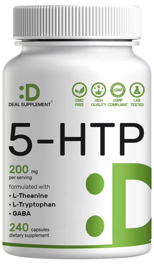 Deal Supplement 5HTP 200 mg Per Service, 240 Capsules,% 98 Afrika Türlü Griffonia Tohum alıntı | 4 in 1 Formula | Plus Active L Theanine, L Tryptophan, & GABA | Rahatlama Desteği Tamam
