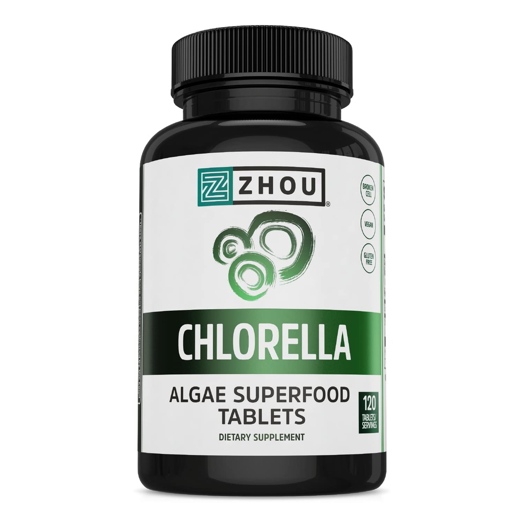 Zhou Chlorella Tabletleri - Chlorella Supplement, Chlorophyll Vitaminleri, Pure Green Algae Superfood, Nutrient Rich Super Food Pills, Broken Cell Wall - 120 Vegan Tabletler