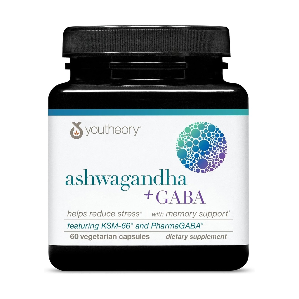 Youtheory Ashwagandha + GABA - Organik KSM-66-1.000 mg Ashwagandha & 100 mg GABA - Cortisol, Enerji, Stres ve Hafıza Desteği Tamam - 60 Vegetarian Capsules (30-Day Supply)
