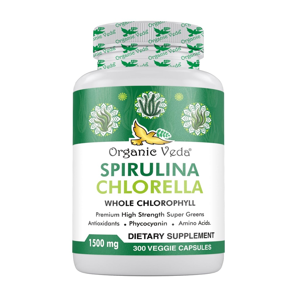 Organik Veda Spirulina & Chlorella Capsules, 1500 mg, 300 Kont - Spirulina Chlorella Capsules with Super Green Antioksis, Phycocyanin, Amino Asit - Boost Immunity, Energy, Support Digestion