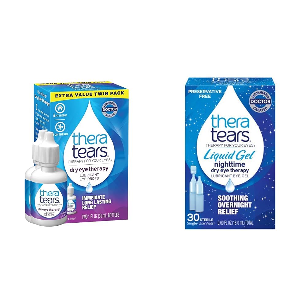 TheraTears Kuru Göz Terapisi Kuru Göz Ölüyor, Kuru Gözler için 1 fl oz Şişe Twin Pack, (2 x 30mL Şişeler) ve Sıvı Gel Gecesi Kuru Gözler için Duş, Single-Use Vials, 30 Count