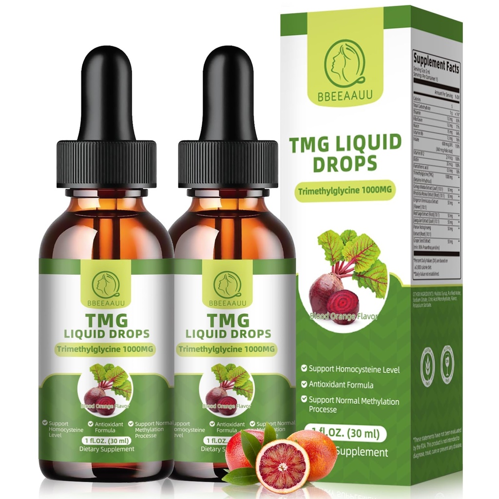 TMG 1000MG - Tritilglycine Liquid Drops, Betaine High Aborpsiyon, Destekler Metilasyon, Liver Wellness & Cognitive, Non-GMO, Vegan, Blood Orange Flavor, 1 Fl.Oz (2 Pack)