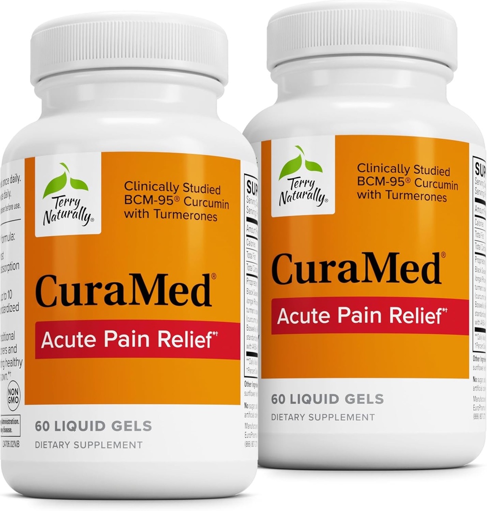 Terry Natural CuraMed Akut Pain Relief - Supplement with BCM-95 Curcumin & BOS-10 Boswellia - Black Sesame Tohum Oil to Support Relief of Occasional Discomfort - 60 Liquid Gels (Pack of 2)