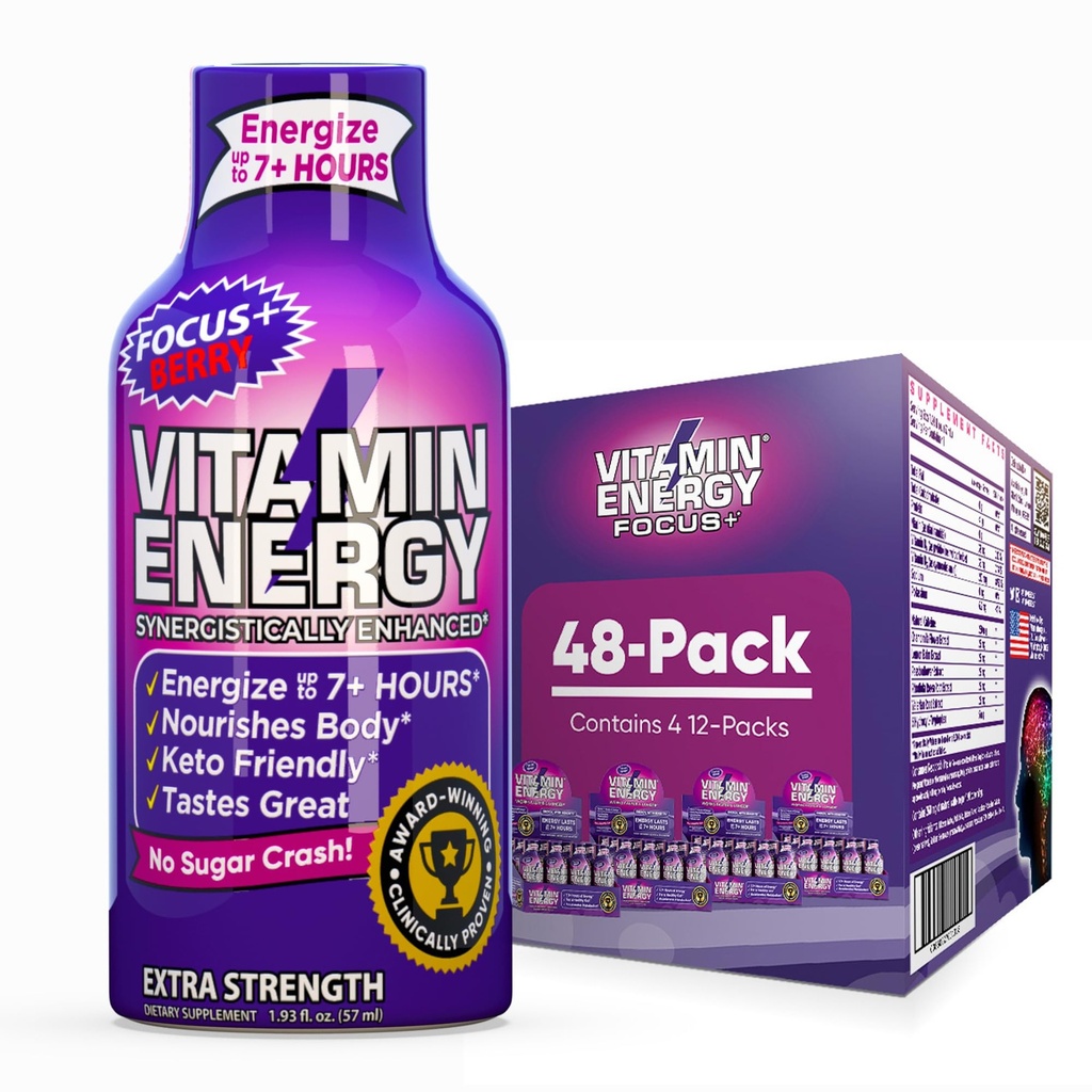 Vitamin Energy Focus+ Extra Strength Energy Shot Berry 48 Pack, 260mg Natural Caffeine, B-Vitamins, CoQ10, Amino Acids, Focus, Productivity & Clarity, Zero Sugar, Gluten-Free, 1.93 fl oz