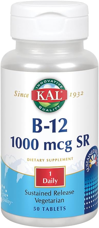 KAL B-12 1000 mcg Sustained release | Sağlıklı Metabolism, Enerji, Nerve & Red Blood Hücre Desteği | Vegetarian | Lab  Onaylandı | 50 Tablet