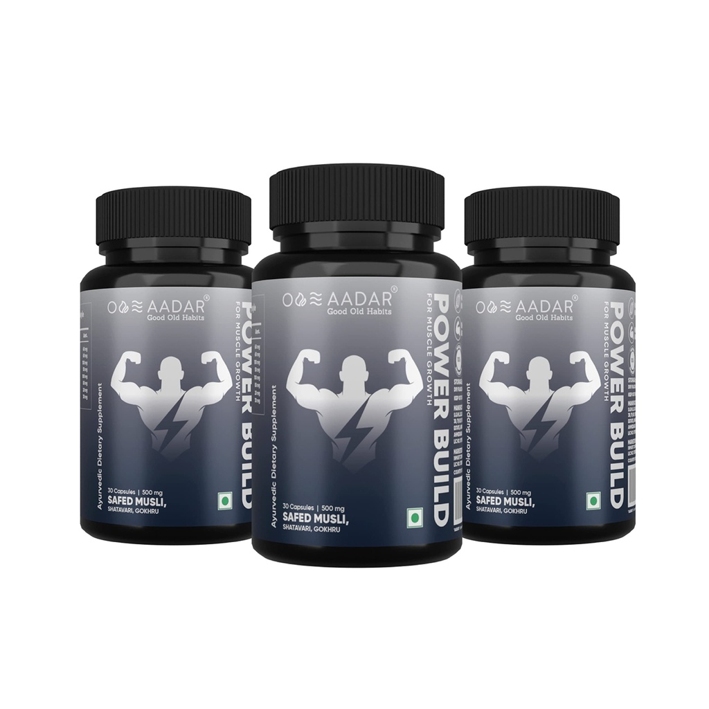 AADAR Power Build | Ayurvedic Real Muscle Mass Winer | Performans ve Boost Metabolism | (Safed Musli, Gokhru, Shatavari) 30 Capsules (Pack 3)
