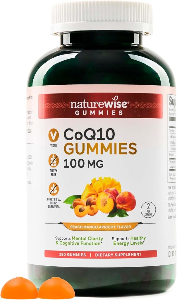 NatureWise CoQ10 Gummies 100mg - Peach Mango Flavor - Supplement for Heart Health & Antioxidant Activity - Pectin-Based, Vegan, Soy and Gluten Free, Non-GMO - 180 Count[3-Month Supply]