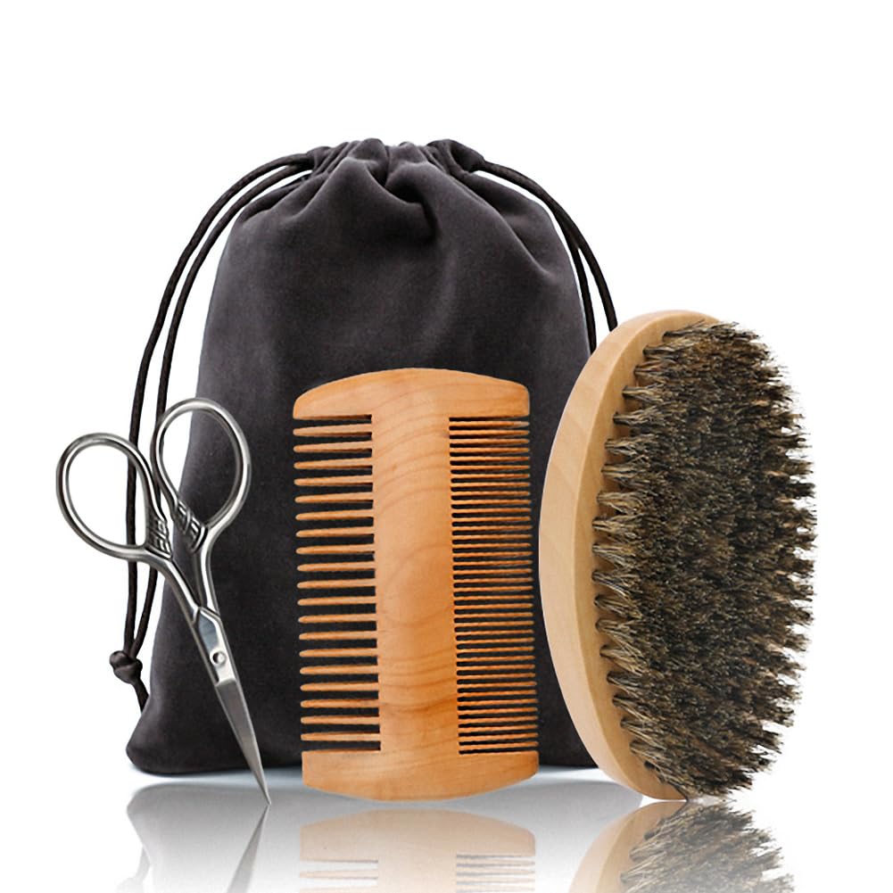 Saç Dough Beard Brush & Comb, Scisssors Men için Set, Set Yumuşak Boar Bristle Rotor, Wine Tooth Comb ve Mustache Trimming Scisors, Düzen & Soften Your Beard