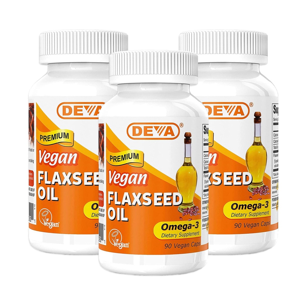 DEVA Organik Vegan Vitaminleri Flax Tohum Yağı - Omega-3'te Zengin - Soğuk Yayınlanmış ve Unrefined - 90 Capsules (Pack of 3)