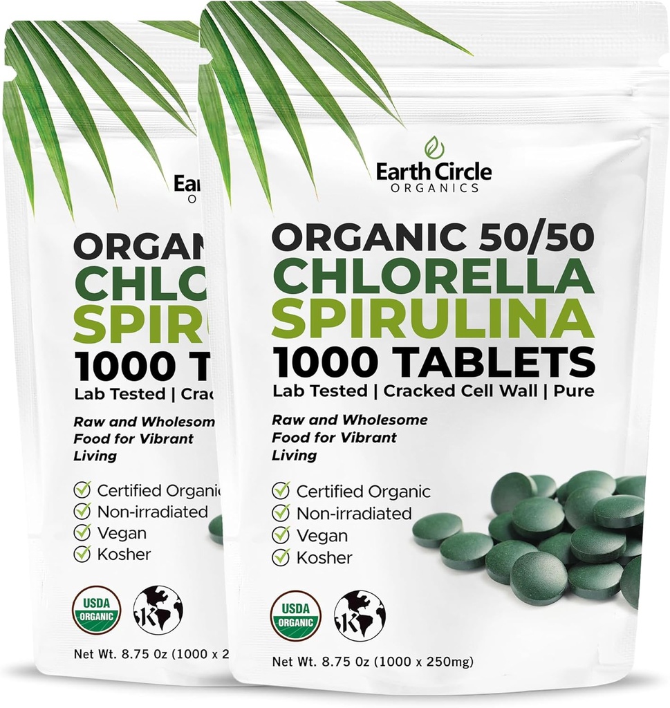 Premium Organik CHLORELLA /SPIRULINA 1000 Tabletler (50/50) Kosher, Vegan - Yeşil Algae Superfood, Cracked Hücre Duvarı, Chlorophyll, Protein & Iron'da yüksek, katkı yok veya 875 Oz (2 Paket)