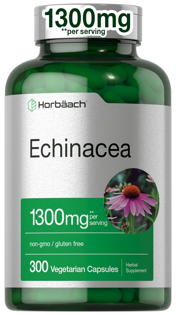 Horbäach Echinacea Extract Capsules 1300 mg | 300 Kont | Vegan, Non-GMO, Gluten Free Supplement Supplement Supplement
