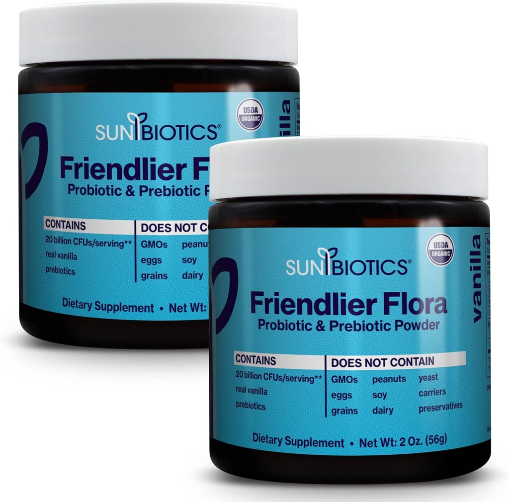 SUNBIOTICS Friendlier Flora - Prebiyotik & Probiyotik Toz for Women & Men with 20 Milyar CFUs of 4 Probiyotik Strains for Good Gut Flora, Immune System & Balanced Microbiome - Vanilla, (Pack of 2)