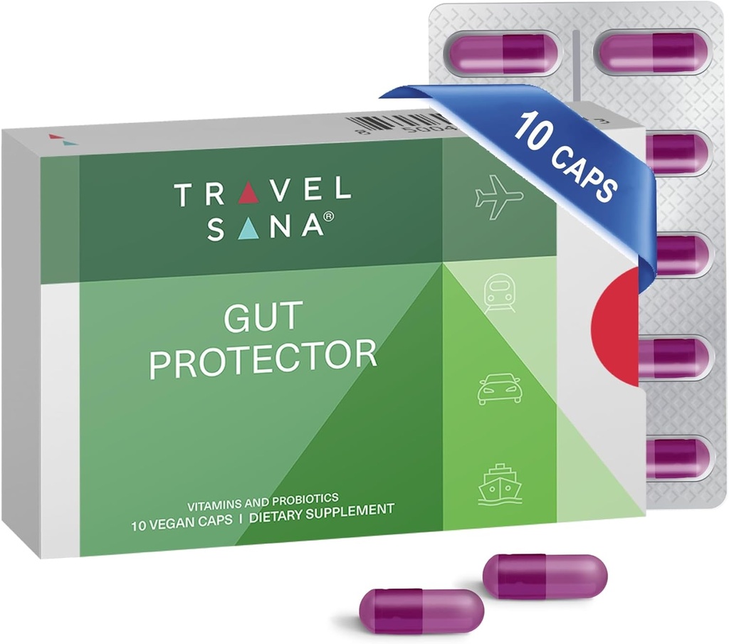 Seyahatçiler için sağlık desteği | Dur ve Diarrhea, Bloating, Gas |Boost Immune System |Probiyotikler & Essential Vitaminler |Fast-Acting | 10 Vegan Caps