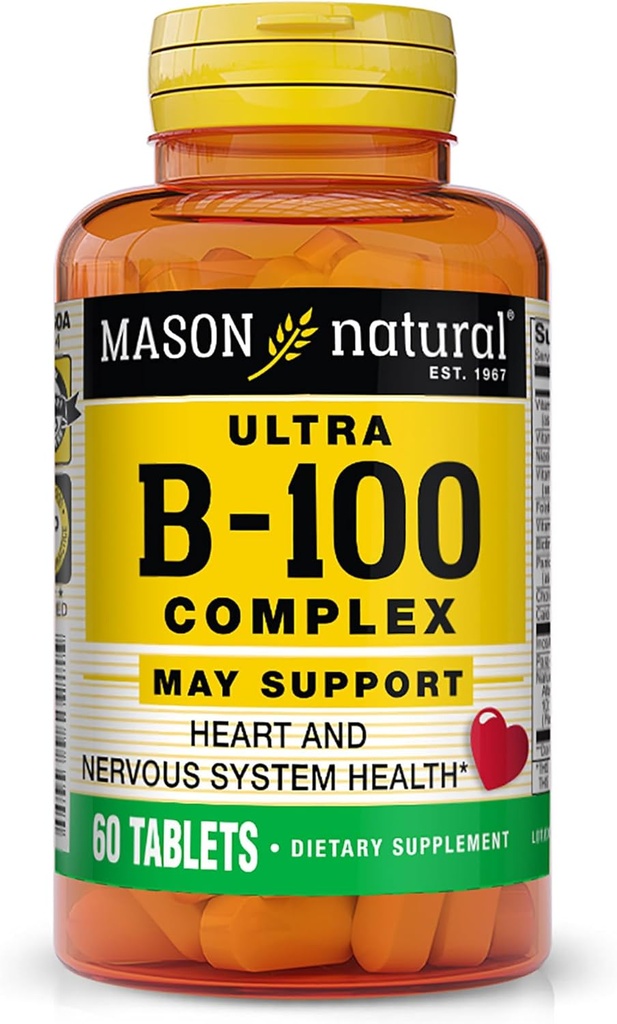 MASON NATURAL Ultra B-100 Kompleksi - Sağlıklı Kalp ve Nervous System, Immune Function ve Energy Metabolism, 60 Tabletler