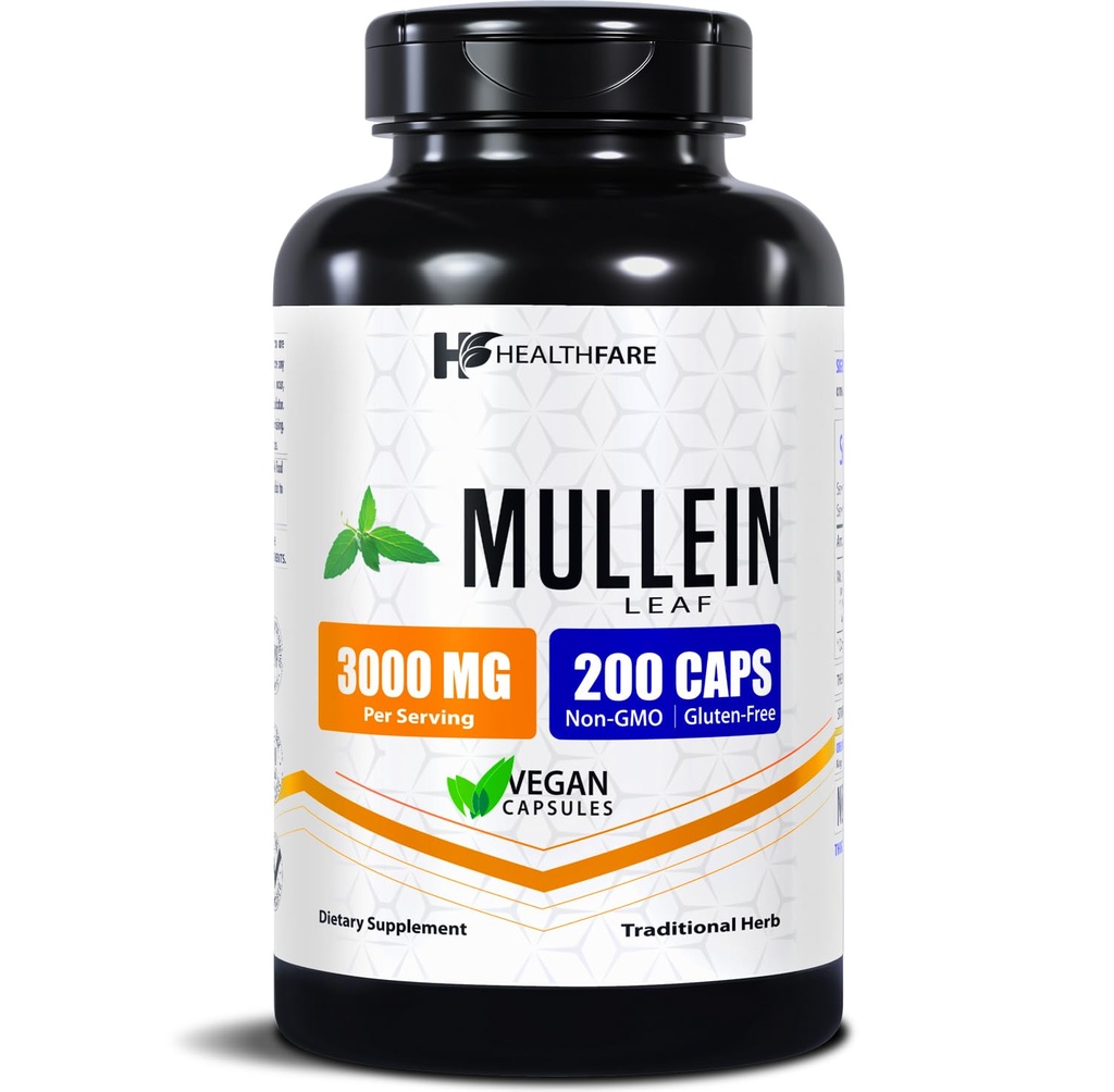 Healthfare Mullein Leaf Extract 3000 mg | 200 Vegan Capsules | Ekstra Kuvvet Herbal Supplement | Destekler Wellness & Balance | Non-GMO, Gluten-Free | Made in USA