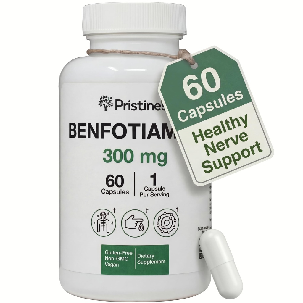 PRISTINE'S Benfotiamine 300 mg Yüksek Biyoavailability Nerve Support Supplement - 60 Day Supply - Fat uli Vitamin B1 Supplements - Vegan - Non-GMOMO