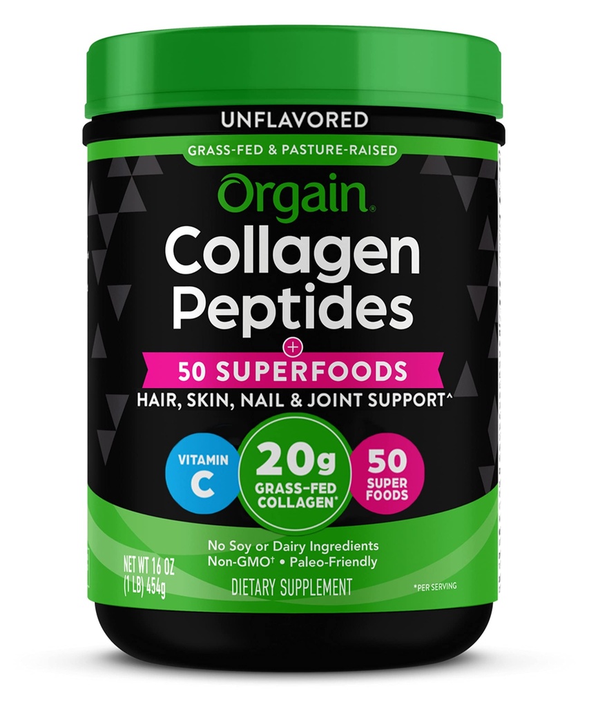Orgain Hydrolyzed Collagen Toz + 50 Kadınlar ve Erkekler için organik Superfoods, 20g Grass Collagen with Vitamin C, Unflavored - Hair, Skin, Nail, & Ortak Destek Supplement, Non-GMO, Type I & III, 1lb