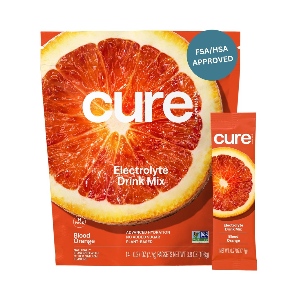 Cure Hydration | Plant-Based Electrolyte Drink Mix | Nodrew Sugar | FSA-HSA | Dehidrasyon Yardımı Tuvalet Su ile Yapıldı | Non-GMO | Vegan | Pouch of 14 Packets - Blood Orange