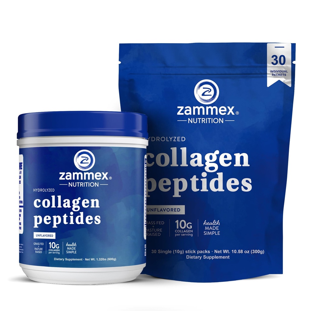Zammex Collagen Peptides Powder Unflavored 600g + 30 Sticks Travel Packets