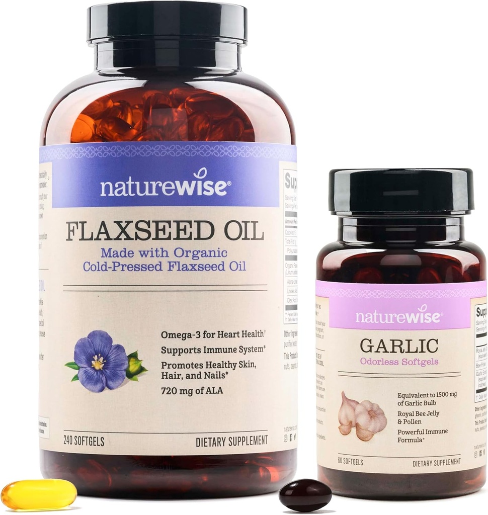 NatureWise Organic Flaxseed Oil Max 720mg ALA | En yüksek Potency Flax Oil Omega 3 Garlic Odorless Softgels 1500 mg Support Teeth & Immune System Health Health Health