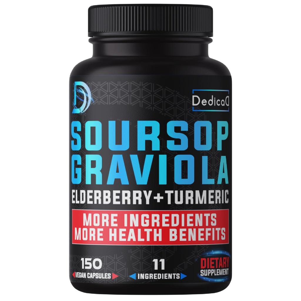 11in1 Graviola Soursop Capsules for 5 Ay Supply with Soursop Fruit, Elderberry, Turmeric, Ginger, Milk Thistle, Cranberry & More - Mood, Immune & Body Health - 150 Vegan Capsules