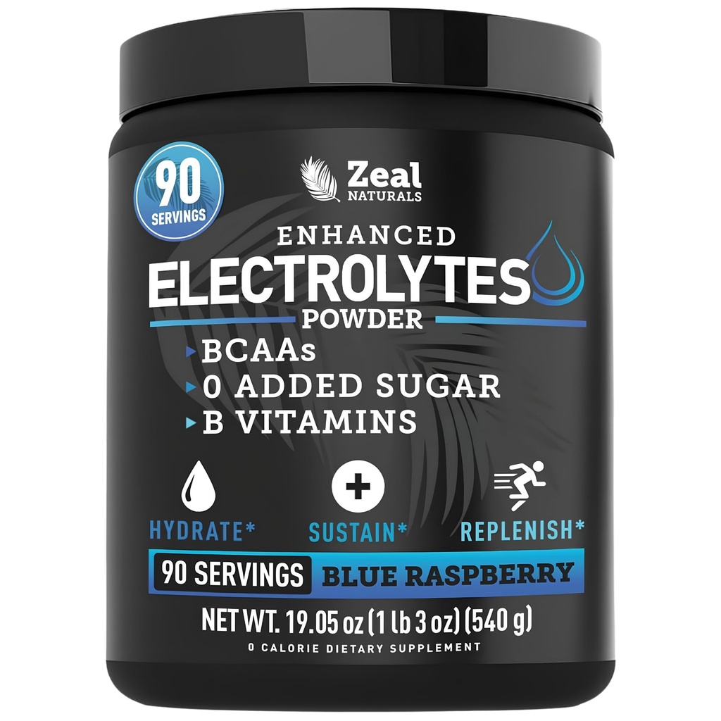Zeal Naturals Electrolyte Toz Kurtarma İçgörü (90 Hizmetler | Blue Raspberry) w 0 Sugar +BCAAs +B-Vitamins Electrolyte Supplement w Pids çinko & Magnezyum for Hydration - Keto Electrolytes