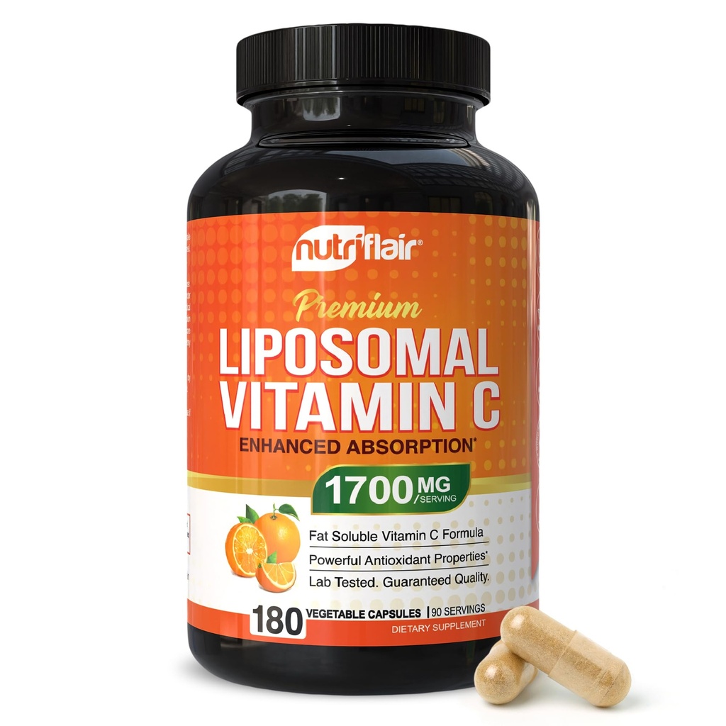 NutriFlair Liposomal Vitamin C 1700 mg, 180 Capsules - Yüksek Aborpsiyon, Fat ► VIT C, Higher Bioavailability Immune System Support & Collagen ATM, Non-GMO, Vegan Pills