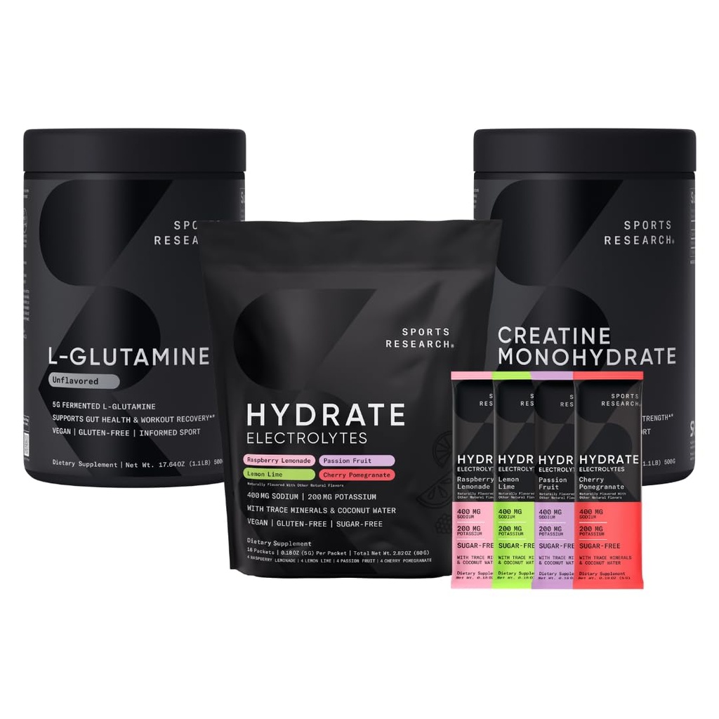 Spor Araştırmaları L-Glutamine (1.1 lbs), Sugar-Free Natural Flavored Hydrate Electrolytes 16x Çeşitli Paketler ve Kretine Monohidrat (1.1 lbs)