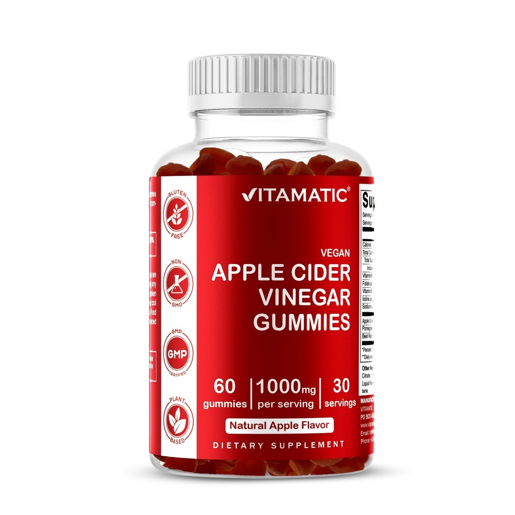 Vitamatic Apple Cider Vinegar Gummies - hizmet başına 1000 mg - 60 Vegan Gummies - ACV Gummies for Detox, Kilo Kayıp Desteği, Enerji Boost, Digestion & Gut Health