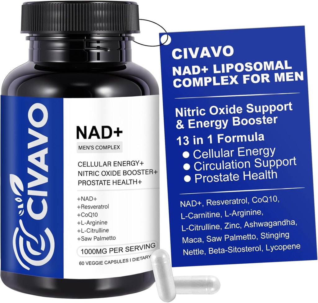 NAD+ Erkekler için 1000 mg, NAD+ Resveratrol, CoQ10, L-Citrulline & Maca Root – Hücre Enerji, Sağlıklı Ağlama Desteği, Antioksit, Nitrik Oksit Prostate Health for Men – 60 Capsules