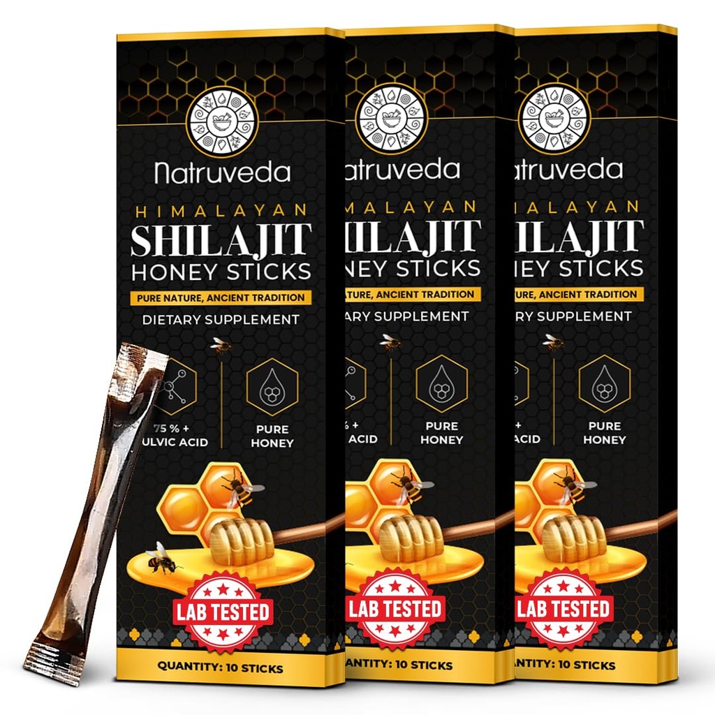 Himalaya Shilajit Honey Sticks for Men & Women - %75+ Fulvic Acid & Trace Minerals - Raw Honey, Saffron & Himalaya Shilajit Giyim - Stamina, Performans ve Enerji Desteği - (Geçmiş 30)