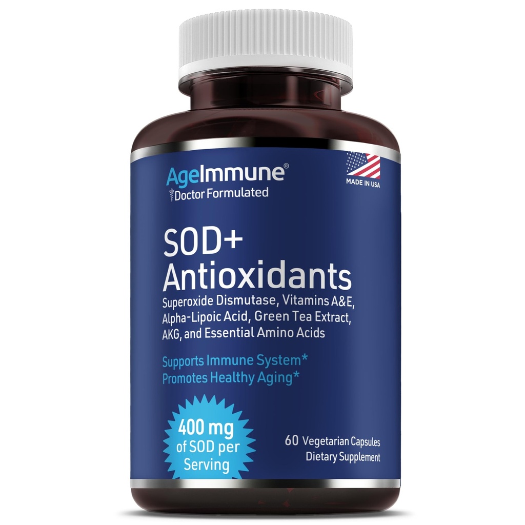 SOD Antioksis Kompleksi Sağlıklı Aging Supplement - 400 mg of Superoksiz Dismutase - Alfa Lipoic Acid - L-Arginine -Lysine - AKG - Vitamin A - Vitamin E for Immune Support-60 Capsules