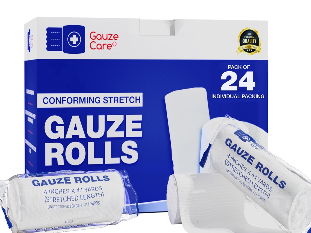 Gauze Rolls 24 - Premium Quality Lint ve Latex-Free 4 inç x 4.1 Yards Etkili Yara Bakımı ve Rahatlama için Tasarlanmış Bandages - Bir Mummy olarak kullanılmak için ideal