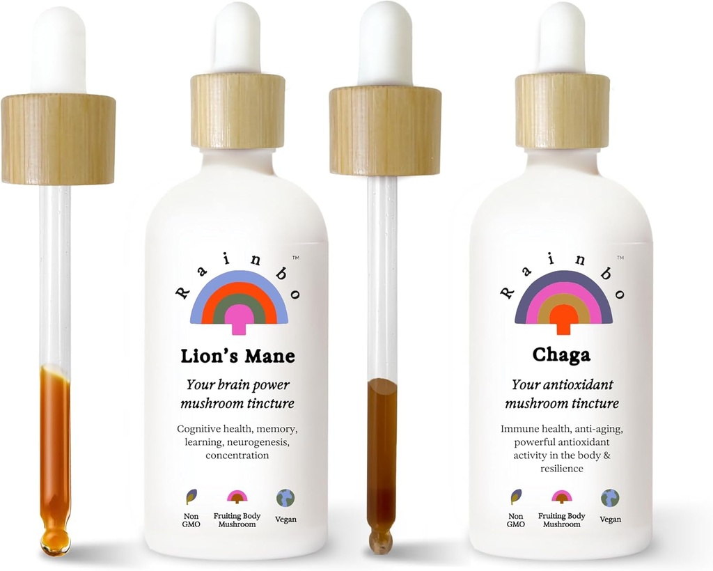 Rainbo Mushroom Sche, Lion's Mane Mushroom Extract + Chaga Mushroom Tincture, Dual Extract Daily Mushroom Tinctures for Comprehensive Immune Support, Vegan Liquid Mushroom Supplements