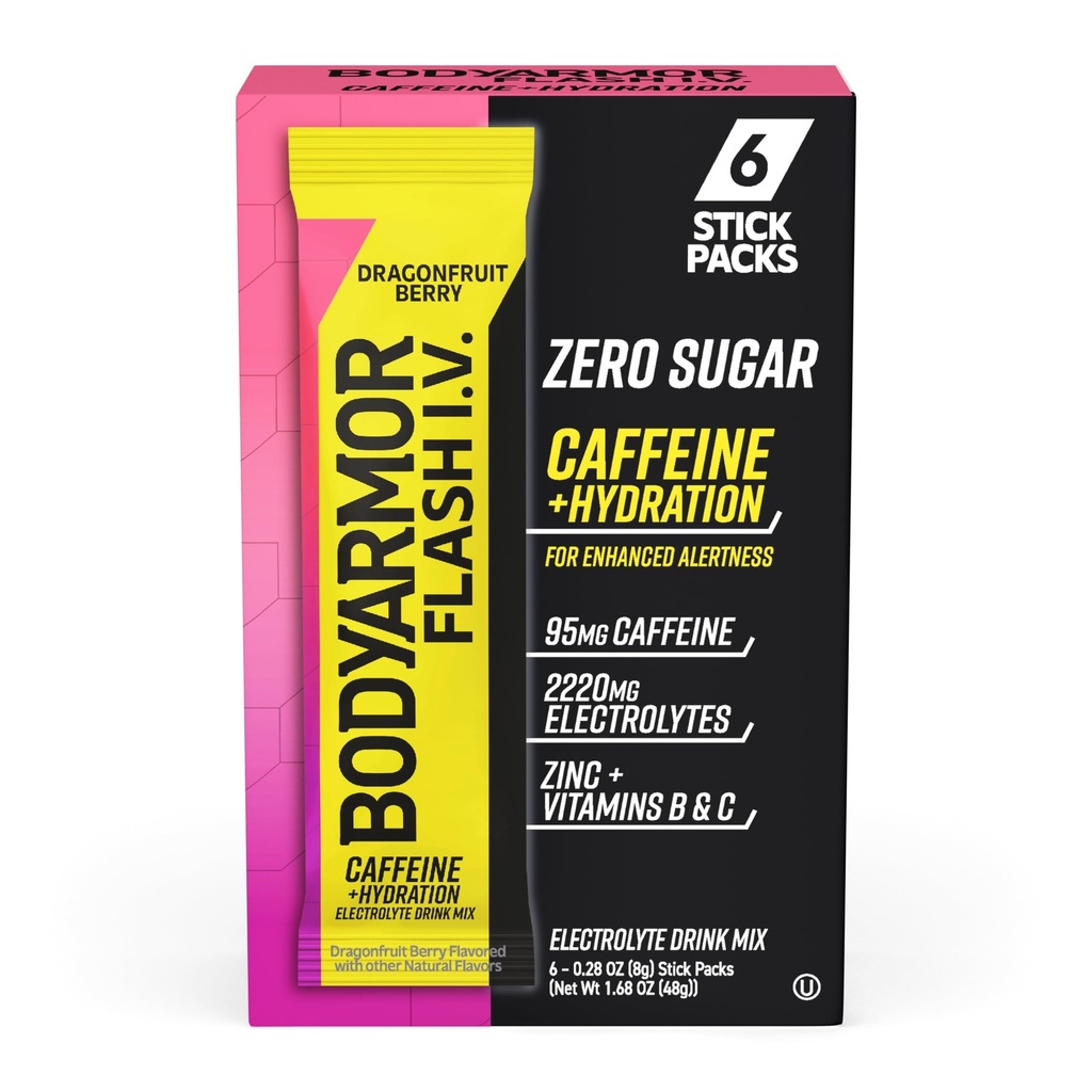 BODYARMOR Caffeinated Flash I.V. Electrolyte Packets - Dragonfur Berry - Zero Sugar Energy Drink Mix, Single Serve Packs, Hydration for Pre Workout, Travel Essentials, Active Lifestyle (6 Count)