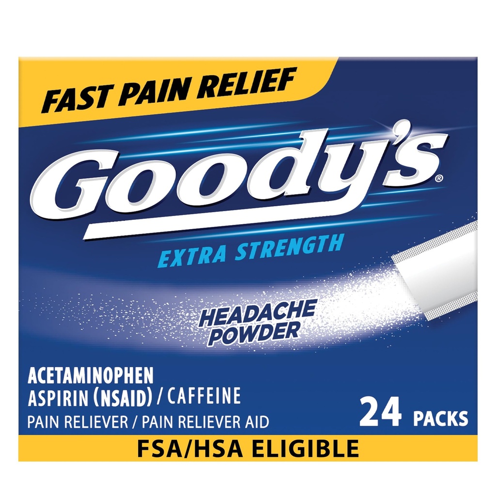 Goody's Headache Toz Ekstra Güçlü Ağrı Yardımı, Triple Action Headache Relief with aspirin, Acetaminophen & Caffeine, 24 Kont Count Count