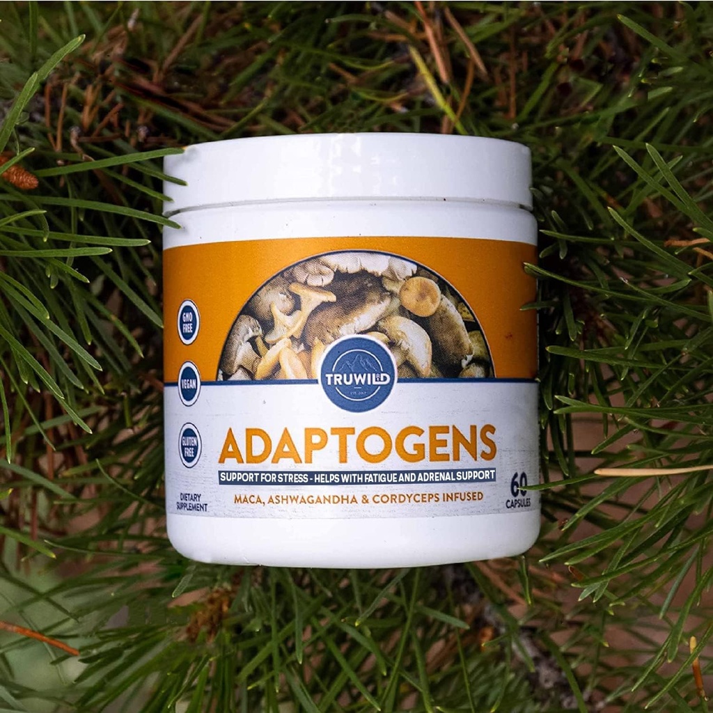 TruWild Adaptogens Vegan Capsule Supplement w/Ashwagandha + Maca w / Full Spectrum Mushrooms – All Natural – 40 Hizmet