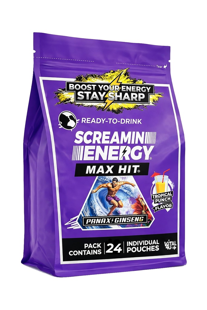Screamin Energy Max Hit Tropikal Punch Flavor - En Güçlü Şeker Ücretsiz Enerji BTC, B Vitaminleri ve Caffeine - 24 Kont