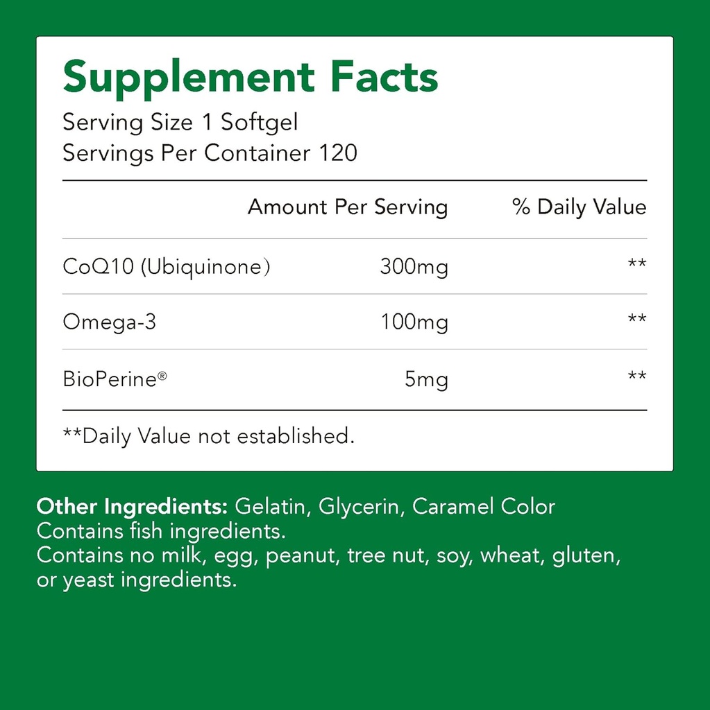 Tamamlar, Ubiquinone CoQ10 (Coenzyme Q10) 300 mg, BioPerine (5 mg) | Destekler Kalp Sağlığı, Enerji ve Aborpsiyon (1 Şişe-120 Softgels-2mo Supply) | High EPA & DHA | Non-GMO, Gluten-Free-Free