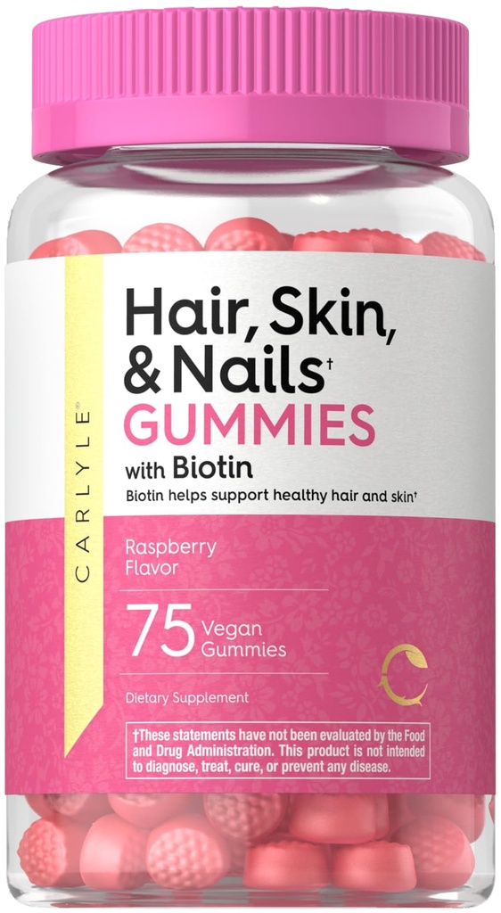 Carlyle Hair Skin ve Nails | 75 Gummies | Biotin ve Collagen | Gummy Supplement for Women | Strawberry Flavor | Non-GMO, Gluten Free