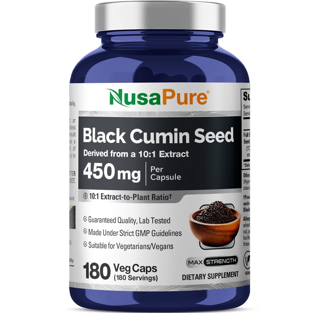 NusaPure Full Spectrum Black Cumin Tohum 10:1 Ekstraksiyon, 450 mg 4,500 mg 180 Veggie Toz Caps Non-GMO, Vegan Non-Oily