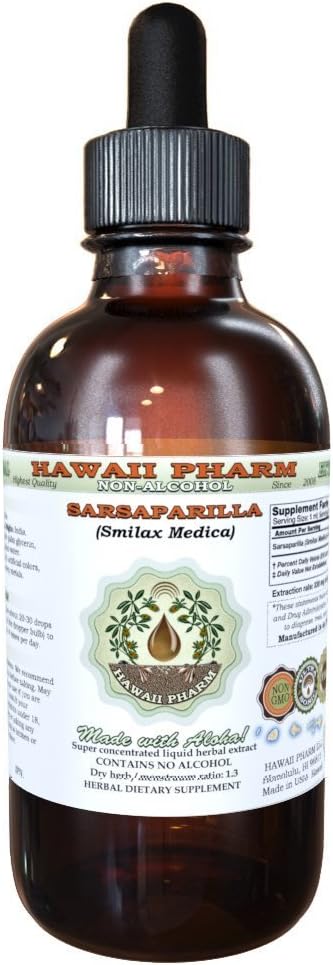 Sarsaparilla Alkol Özgür Sıvı Ekstraksiyon, Sarsaparilla (Smilax Medica) kuru Kök Glycerite Natural Herbal Supplement, Hawaii Pharm, USA 2 fl.oz