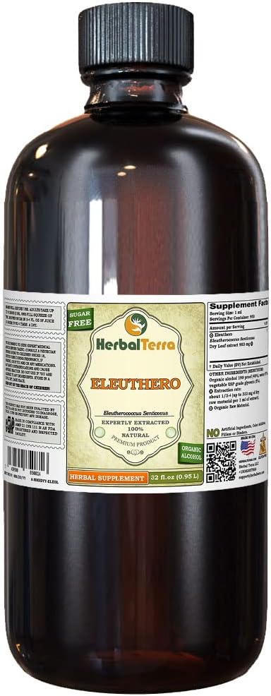Eleuthero (Eleutheroccus Senticosus) Tincture, kıl Leaves Liquid Extract (Brand Name: HerbalTerra, Proudly Made in USA) 32 fl.oz (0.95 l)
