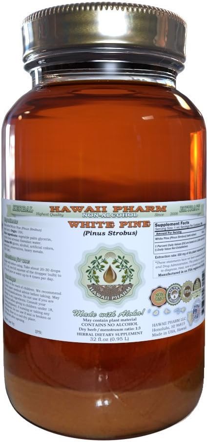 White Pine Alkol-Free Liquid Extract, White Pine (Pinus Strobus) kuru Bark Glycerite Natural Herbal Supplement, Hawaii Pharm, ABD 32 fl.oz