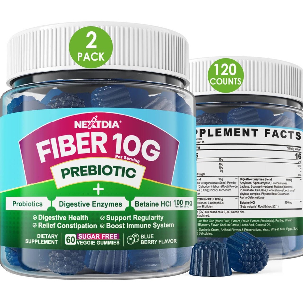 Fiber Gummies for Adults, Sugar Free 10g Prebiotic Fiber Supplement with Digestive Enzymes, Probiotics & 100mg Betaine for Digestive & Gut Health and Regulate Bowel Movement, Vegan, Gelatin Free,120ct