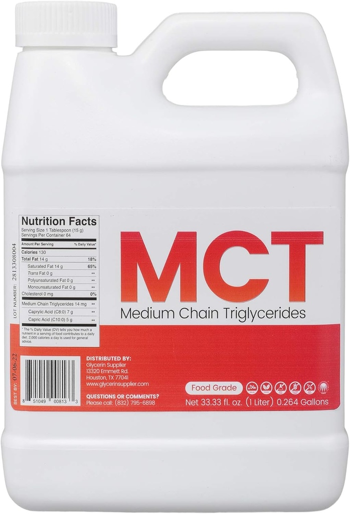Glycerin Supplier MCT Oil - 1 Liter (33.33 Oz.) Food Grade - Non GMO - Halal - Vegan - Sustainable Palm Derived - for Tinctures, Sports Nutrition, Keto or Paleo Diet, Clean Energy