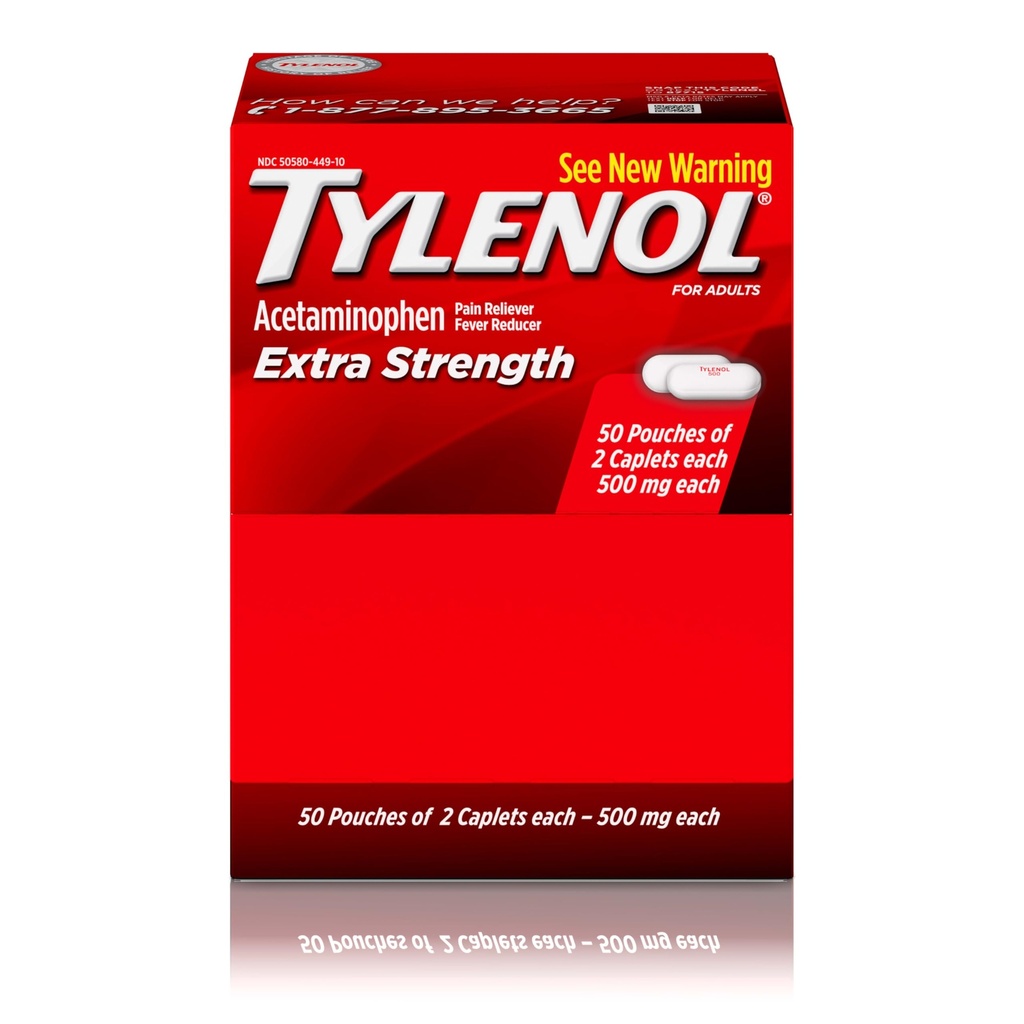 Tylenol Ekstra Güçlü Acetaminophen Caplets, 500 mg, Ağrı Yardımı ve Ateşi Baş Ağrısı, Geriache, Toothache, Menstrual Cramps & Pain, Travel-Friendly Packaging, 2Caplet Pouches, 50 Countlet