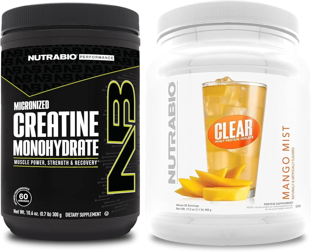 NutraBio Kretine Monohidrat, Unflavored, (300 g) ve Clear Whey Protein Isolate, (Mango Mist) Tamam Sche – Kas Enerji, maksimum Büyüme, Kurtarma ve Güçlü Güç