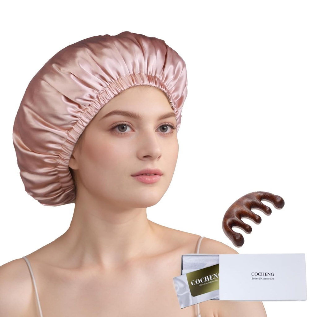 100 Mulberry Silk Bonnet Yaşlı Kadınlar Için Uzun Saç - Çift Katmanlı Uyku Cap -Silk Uyku Bonnet Elleri Kafada Kal (Pink, Büyük)