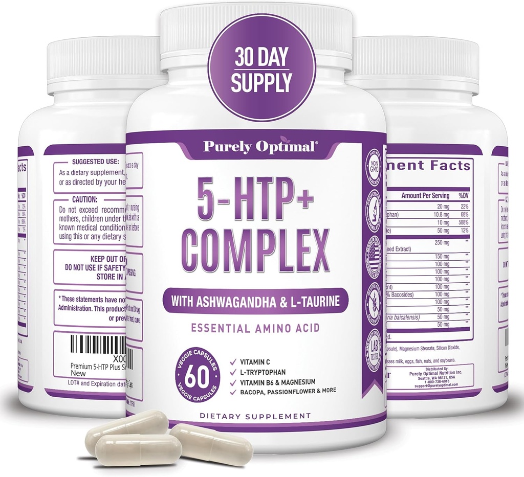 Premium 5-HTP Plus Tamam 250 mg Maksimum Güç - Uyku Yardımı, Mood Boost, Tavsiyeler Calm & Relaxation, Stres Yönetimi Desteği - Vitamin B6, Gluten Free, Non-GMO, 60 Veggie Caps